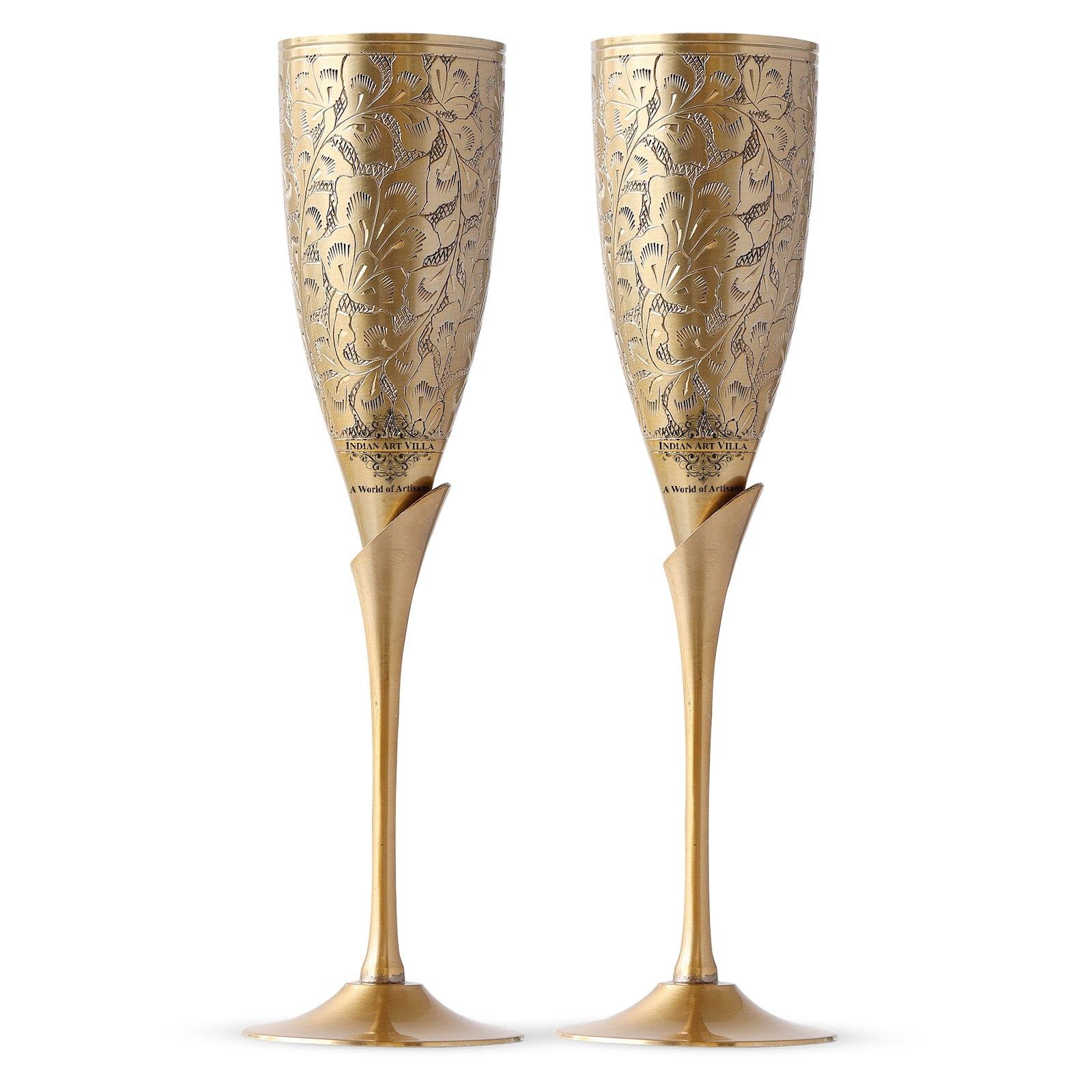 Handcrafted Pure Brass Embossed Design Flute Champagne Glass, Barware, Drinkware - 170 ML